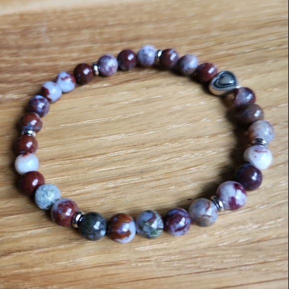 Blood Crazy Lace Agate Bead Hand Crafted Stretch Bracelet - Picture 7 of 11